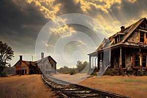 painterly image of the dark abandoned house in rural landscape with different cloudy weather over the land.