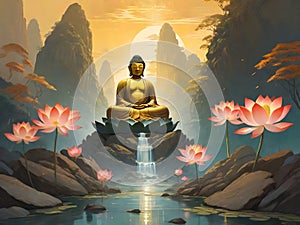 painterly image of the giant buddha on a different environmet platforms.