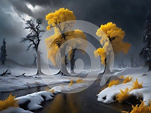 painterly image of a group of trees standing in the surreal black and yellow fantasy nuclear winter,dreamy and autumn atmosphere.