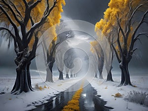 painterly image of a group of trees standing in the surreal black and yellow fantasy nuclear winter,dreamy and autumn atmosphere.