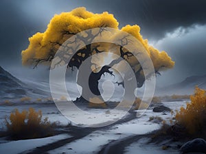 painterly image of a group of trees standing in the surreal black and yellow fantasy nuclear winter,dreamy and autumn atmosphere.