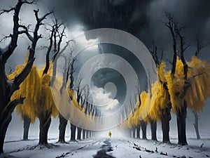 painterly image of a group of trees standing in the surreal black and yellow fantasy nuclear winter,dreamy and autumn atmosphere.