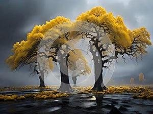 painterly image of a group of trees standing in the surreal black and yellow fantasy nuclear winter,dreamy and autumn atmosphere.