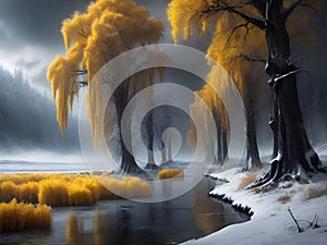 painterly image of a group of trees standing in the surreal black and yellow fantasy nuclear winter,dreamy and autumn atmosphere.