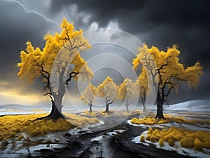 painterly image of a group of trees standing in the surreal black and yellow fantasy nuclear winter,dreamy and autumn atmosphere.