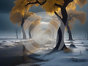 painterly image of a group of trees standing in the surreal black and yellow fantasy nuclear winter,dreamy and autumn atmosphere.