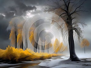 painterly image of a group of trees standing in the surreal black and yellow fantasy nuclear winter,dreamy and autumn atmosphere.