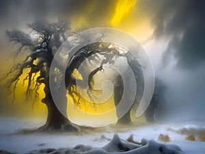 painterly image of a group of trees standing in the surreal black and yellow fantasy nuclear winter,dreamy and autumn atmosphere.