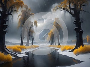 painterly image of a group of trees standing in the surreal black and yellow fantasy nuclear winter,dreamy and autumn atmosphere.
