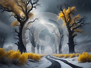 painterly image of a group of trees standing in the surreal black and yellow fantasy nuclear winter,dreamy and autumn atmosphere.