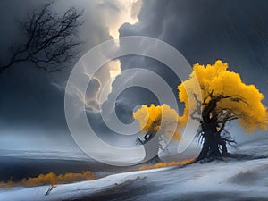 painterly image of a group of trees standing in the surreal black and yellow fantasy nuclear winter,dreamy and autumn atmosphere.