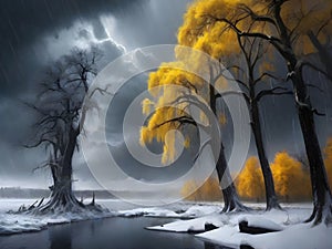 painterly image of a group of trees standing in the surreal black and yellow fantasy nuclear winter,dreamy and autumn atmosphere.