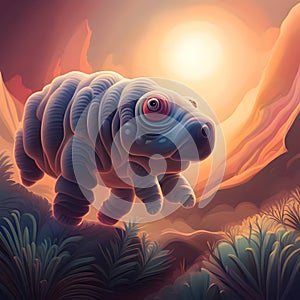 painterly image of the otherworldly landscape of a tardigrade and some bacteria. photo