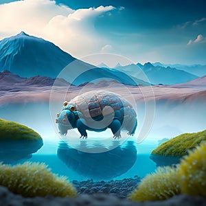 painterly image of the otherworldly landscape of a tardigrade and some bacteria. photo