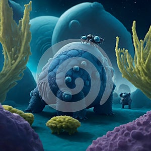 painterly image of the otherworldly landscape of a tardigrade and some bacteria. photo