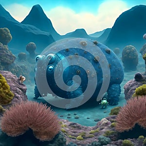 painterly image of the otherworldly landscape of a tardigrade and some bacteria. photo