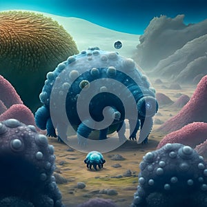 painterly image of the otherworldly landscape of a tardigrade and some bacteria. photo