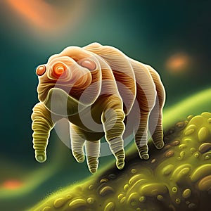 painterly image of the otherworldly landscape of a tardigrade and some bacteria. photo