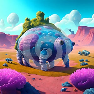 painterly image of the otherworldly landscape of a tardigrade and some bacteria. photo