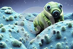 painterly image of the otherworldly landscape of a tardigrade and some bacteria. photo