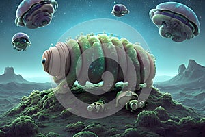 painterly image of the otherworldly landscape of a tardigrade and some bacteria. photo