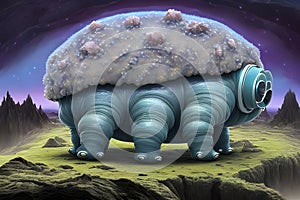 painterly image of the otherworldly landscape of a tardigrade and some bacteria. photo