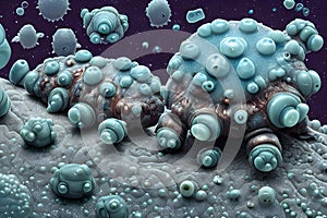 painterly image of the otherworldly landscape of a tardigrade and some bacteria. photo