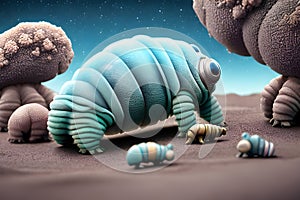 painterly image of the otherworldly landscape of a tardigrade and some bacteria. photo