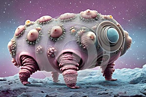 painterly image of the otherworldly landscape of a tardigrade and some bacteria. photo