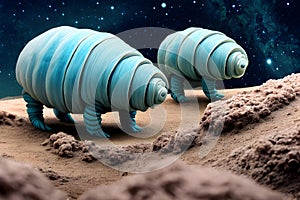 painterly image of the otherworldly landscape of a tardigrade and some bacteria.