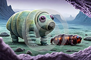 painterly image of the otherworldly landscape of a tardigrade and some bacteria. photo