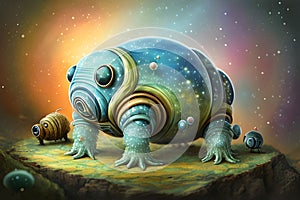 painterly image of the otherworldly landscape of a tardigrade and some bacteria. photo