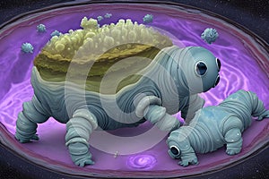 painterly image of the otherworldly landscape of a tardigrade and some bacteria. photo