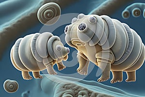painterly image of the otherworldly landscape of a tardigrade and some bacteria.