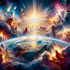 painterly image of revelation rapture of the return of Christ to earth.