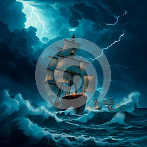 painterly image of the stormy ocean with a large ancient ship sailing in the dangerous weather.