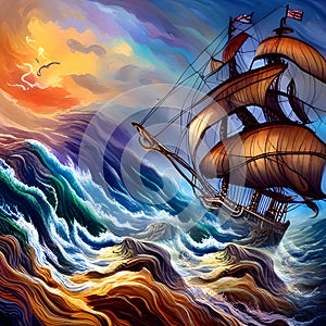 painterly image of the stormy ocean with a large ancient ship sailing in the dangerous weather.