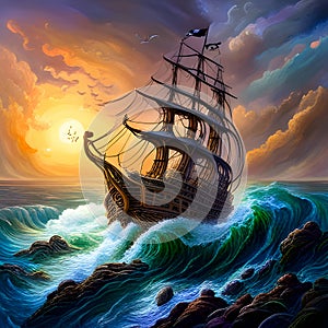 painterly image of the stormy ocean with a large ancient ship sailing in the dangerous weather.