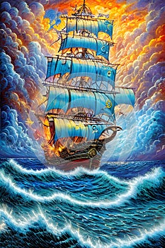 painterly image of the stormy ocean with a large ancient ship sailing in the dangerous weather.