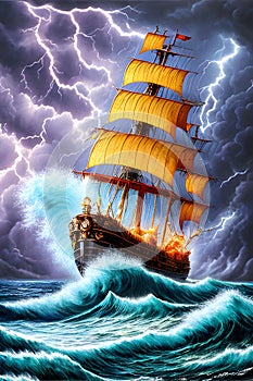 painterly image of the stormy ocean with a large ancient ship sailing in the dangerous weather.