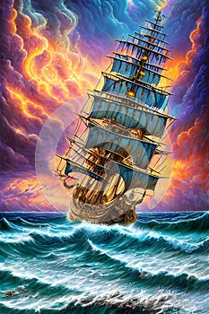 painterly image of the stormy ocean with a large ancient ship sailing in the dangerous weather.