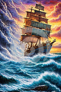 painterly image of the stormy ocean with a large ancient ship sailing in the dangerous weather.