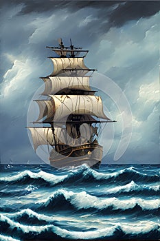 painterly image of the stormy ocean with a large ancient ship sailing in the dangerous weather.