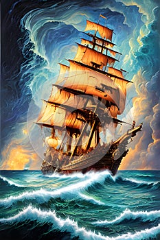 painterly image of the stormy ocean with a large ancient ship sailing in the dangerous weather.