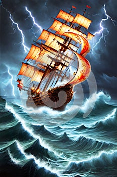 painterly image of the stormy ocean with a large ancient ship sailing in the dangerous weather.