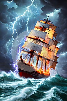 painterly image of the stormy ocean with a large ancient ship sailing in the dangerous weather.