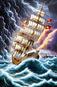 painterly image of the stormy ocean with a large ancient ship sailing in the dangerous weather.