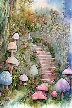 painterly image of the surreal stairway leading to a mysterious mushroom world.