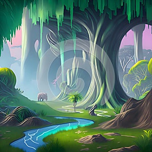 painterly image of the swirly picturesque landscape of a dreamworld scene.