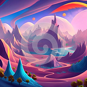 painterly image of the swirly picturesque landscape of a dreamworld scene.